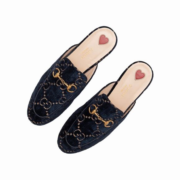 Gucci Princetown GG Monogram Blue Velvet Horsebit Mule Slides Navy 37 US7 - Picture 4 of 16